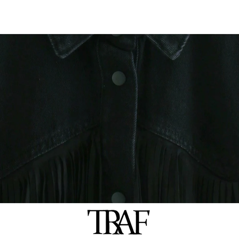 

TRAF Women Fashion Fringe Trims Loose Denim Jacket Coat Vintage Long Sleeve Frayed Tassel Female Outerwear Chic Tops