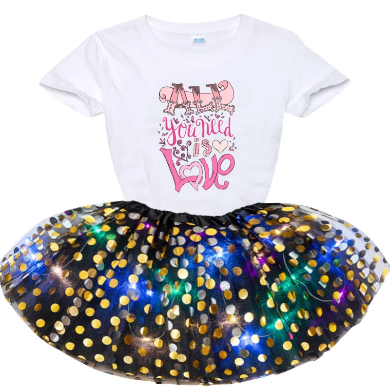 

sets Girls Cartoon Print T Shirt+Glowing Skirts Set Girls Star Glitter DanceTutu Skirt Sequin Skirts 2021 Toddler Baby Clothes
