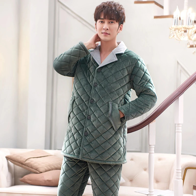 Plus Size 3XL Quilted Sleepwear Long Style Winter Warm Flannel Pajama Set Thick Padded Male Pyjamas Coral Fleece Leisure Outwear