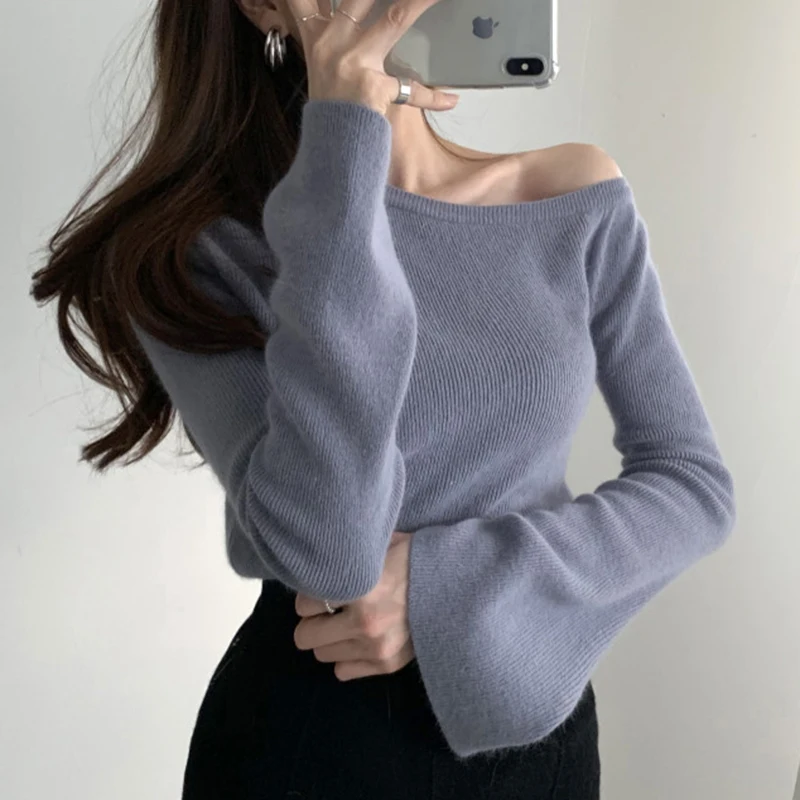 

Women Sweater 2021 New Korean Fashion Elegant Solid Oblique Collar Leaky Shoulder Design Slim Fit Long-sleeved Bottom Sweaters