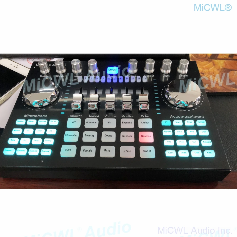 Микрофон MiCWL KSM105 конденсаторный с цифровой звуковой картой и микшерной консолью для записи в студии и в сети.
