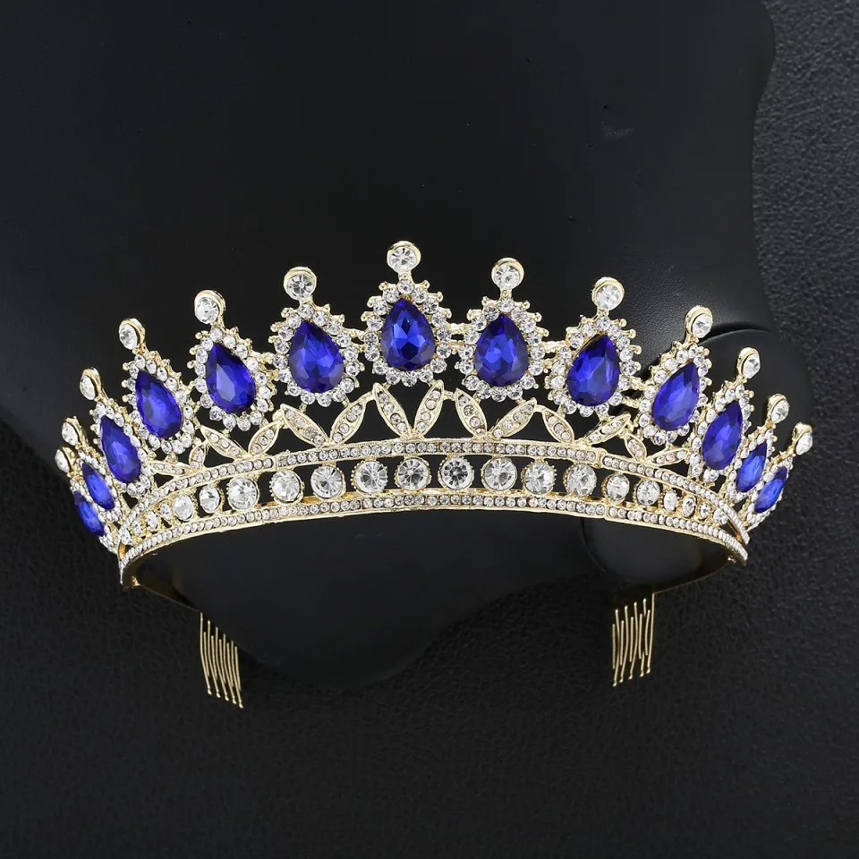 Gold Blue With Comb Роскошная сверкающая Стразовая свадебная диадема с кристаллами для невесты украшения для волос головной убор - Окраска металла: Gold Blue With Comb