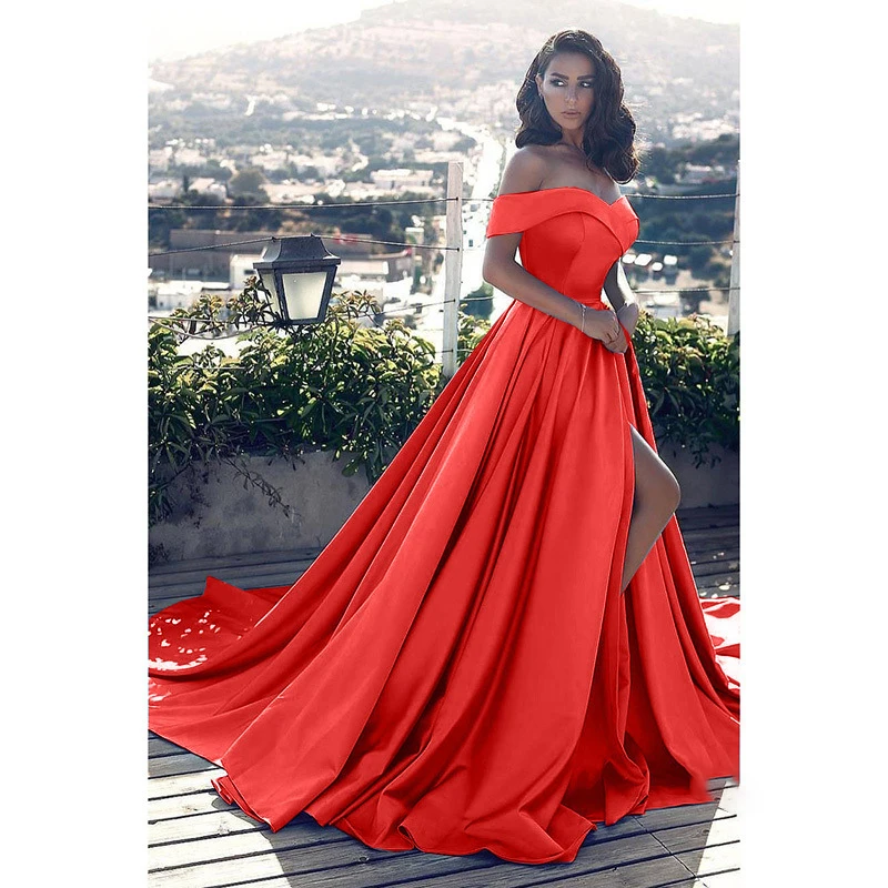 Sky blue prom dresses sexy V-neck OFF shoulder high open split A Linevestido de formatura longo gala dress　 | Свадьбы и торжества