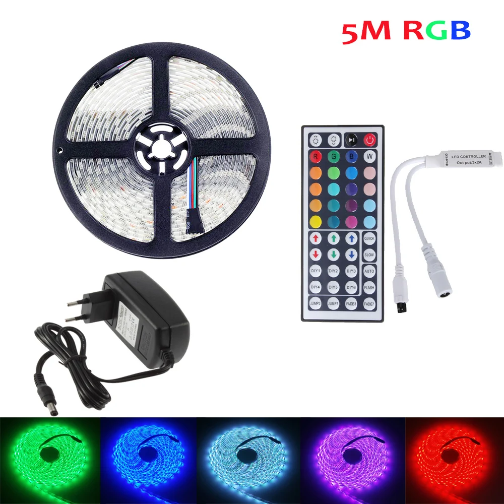 

RGB LED Strip 5050 5M 10M 2M 3M Waterproof Flexible Diode Tape 44Key IR Remote RGB Controller 12V LED Adapter For TV Party