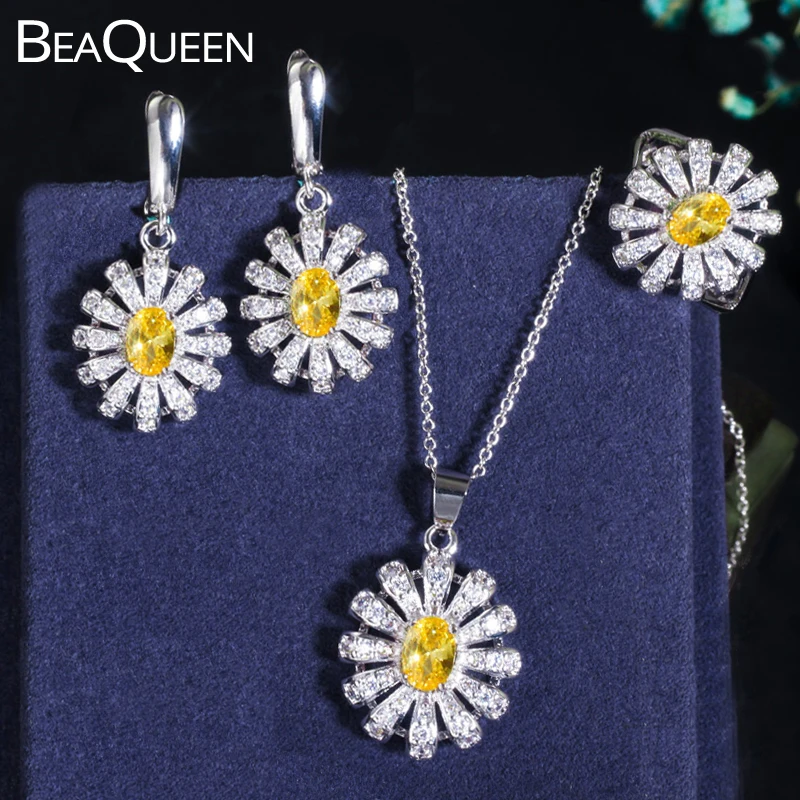 BeaQueen Women Fashion Cubic Zircon Jewelry Accessories Lovely Yellow and White CZ Crystal Daisy Flower Necklace Set JS003|flower necklace