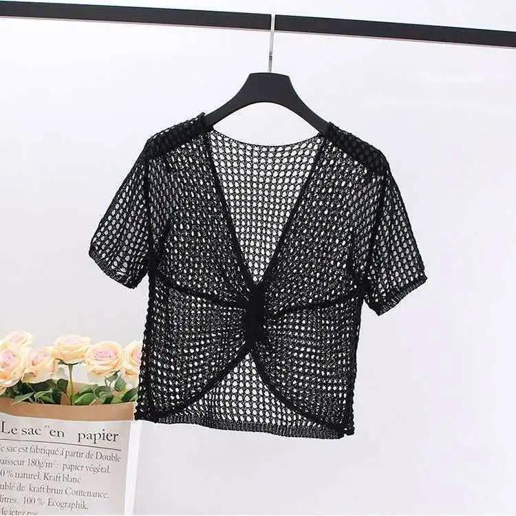 

2020 Summer New Short-Sleeved Hollow Sweater Women's Loose Thin Blouse Airable Shirt Fashion