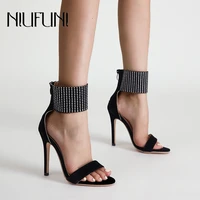 rhinestone ankle strap 12cm high heels womens sandals size35 42 summer gladiator sexy black suede women shoes stiletto open toe