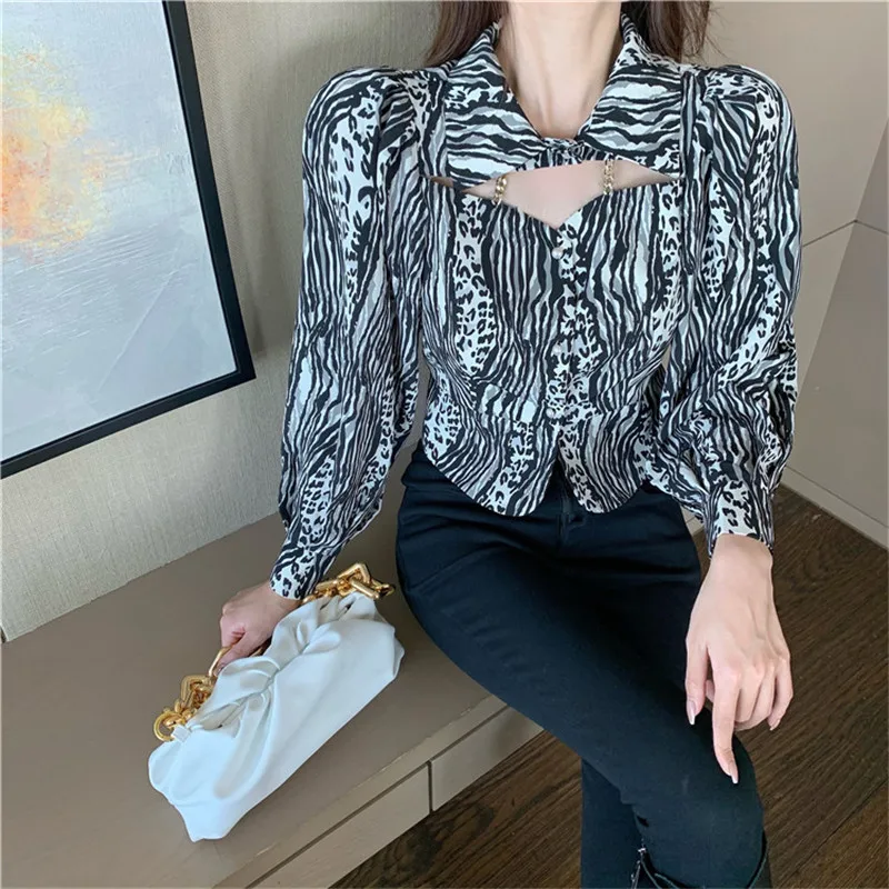 

RUGOD 2021 spring retro hollow out retro leopard print women' shirt termperament elegant fashion OL shirt 2021 new female tops