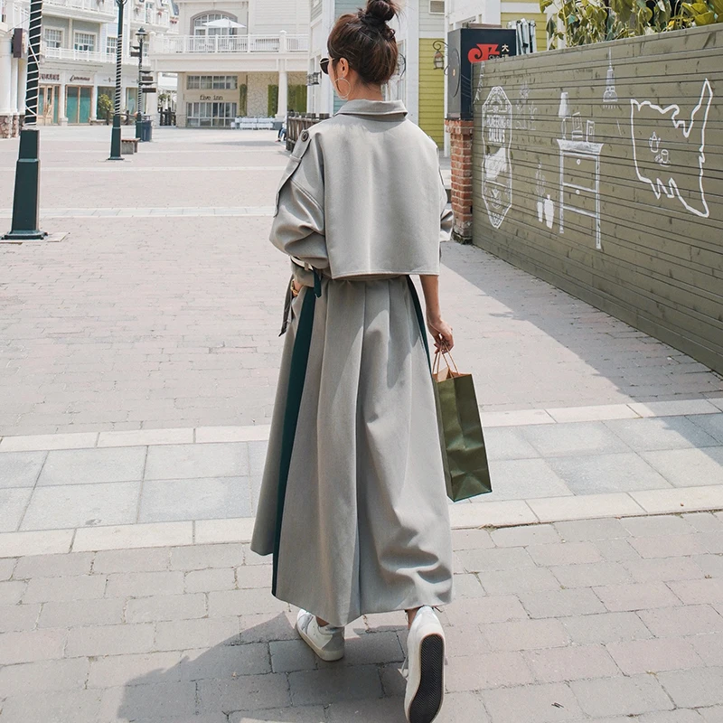 

Women's Windbreaker Spring Autumn 2021New Long Splicing Fashion Korean Loose Lapel Straight Double Breasted Trench Coat Female2N