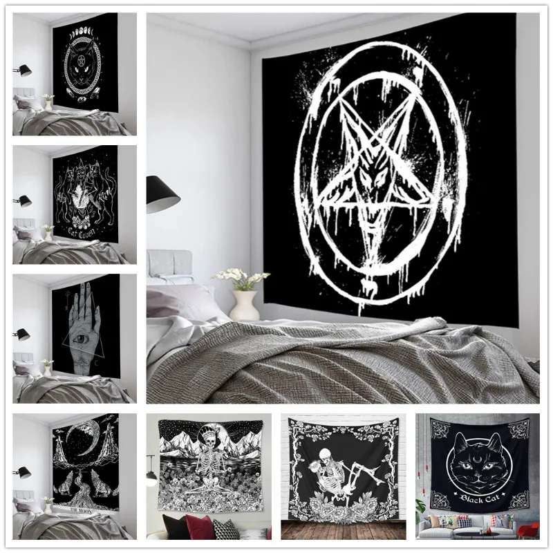 

Pentagram Flag of Satan Tarot Black Cat Tapestry Wall Hanging Hand Hippie Moon Wolf Witchcraft Decor Tapestries Wall Blanket