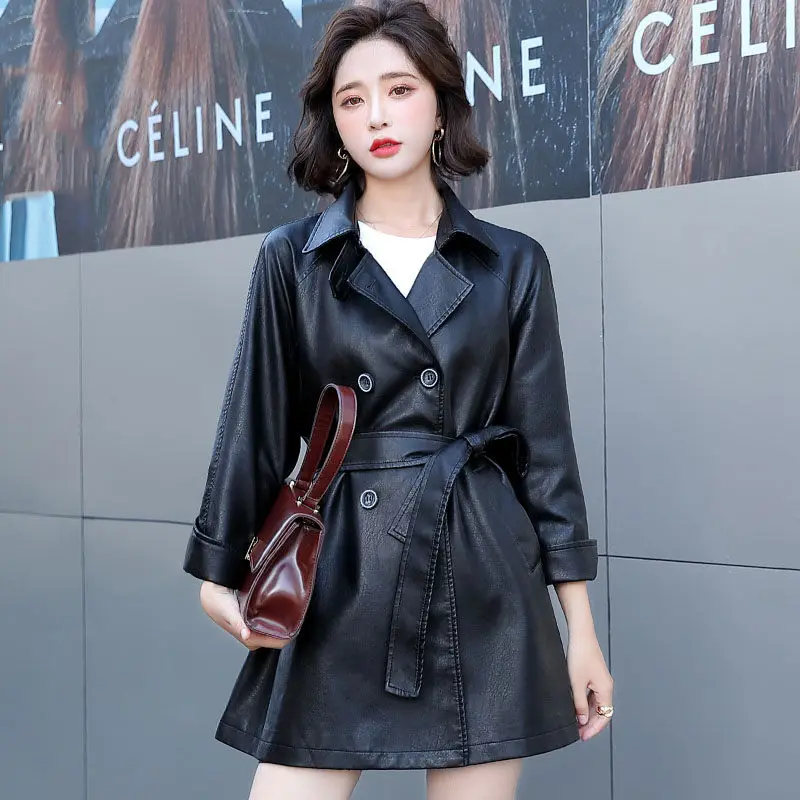 Casual Leather Jacket Womens Clothing 2022 Spring Autumn New Korean Belt Waist Ladies Black PU Leather Coat aq887