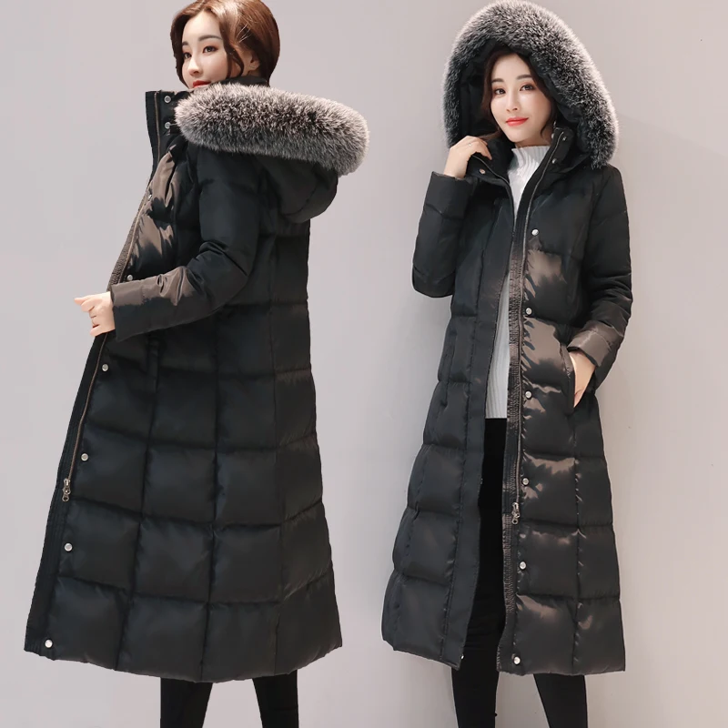 

2020 new autumn and winter wear medium and long down cotton padded jacket with big hairy collar for women