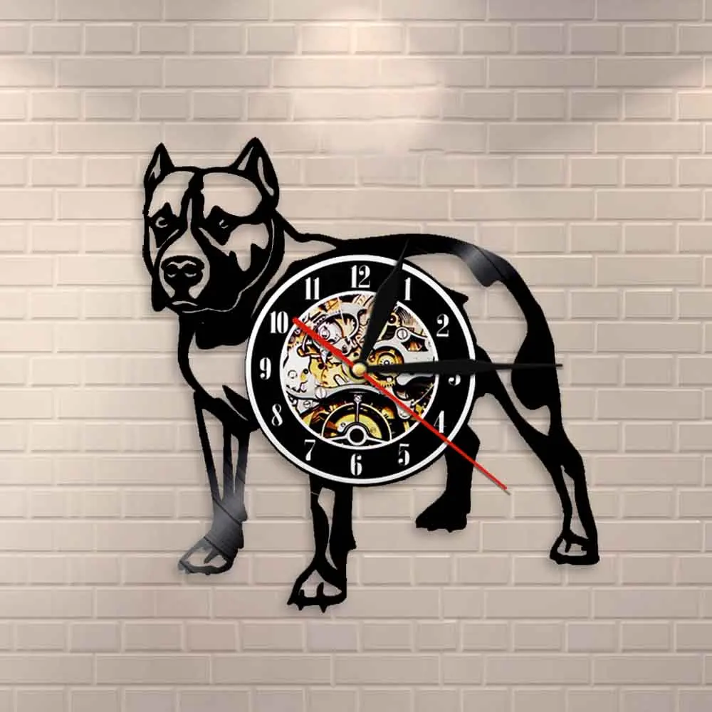 Pitbull домашний Настенный декор декоративные настенные часы собака порода подарки Pitbull мама Виниловая пластинка настенные часы Американский хулиган мама Ретро часы