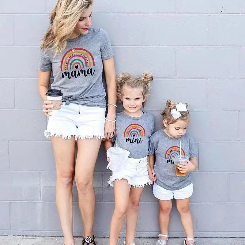 

Mommy And Daughter Matching Clothes Rainbow Mama Mini T shirt Mother Kids Toddler baby girl Clothing Cotton TShirts Family Look