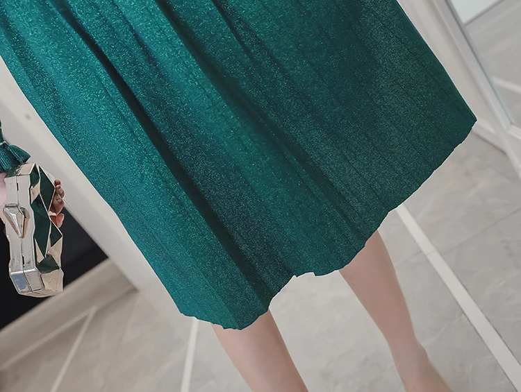 2019 Newest Autumn Women Green Knitting Pleated Long Dresses Vestidos High Quality Womans Flare Sleeve Runway Dress XL | Женская одежда