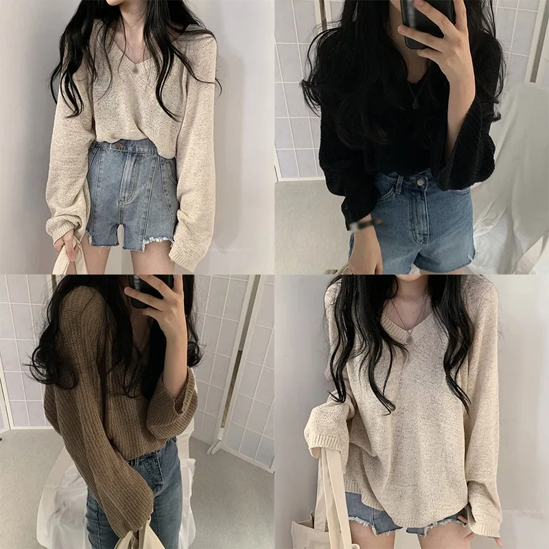 

Lazy-style Loose Thin Knitted Sweater Pullover Spring Autumn Soft Long-sleeved Sunscreen Tops
