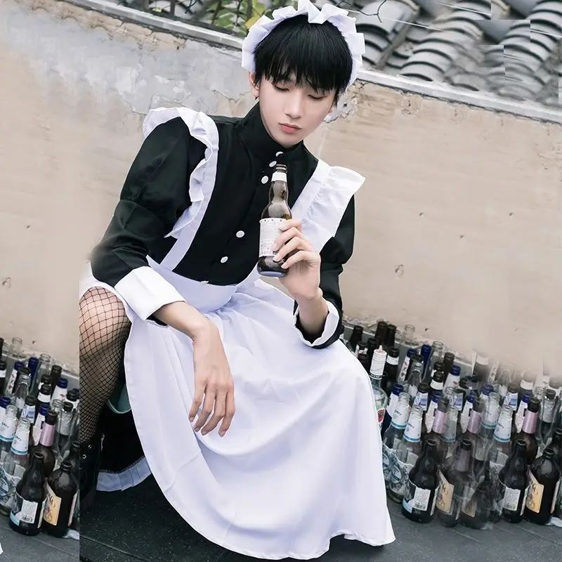 Men's Women's Maid Dress Anime Cosplay French Restaurant Long Style Costume Apron Dresses Black White Ouji Skirt | Тематическая