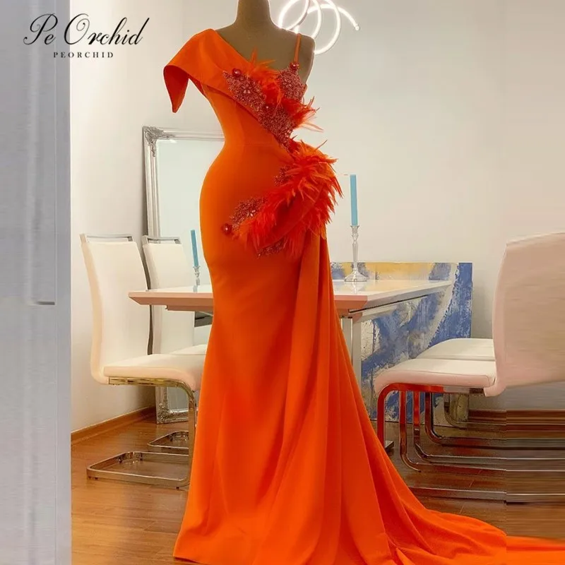 

PEORCHID Satin Orange Feathers Mermaid Evening Dresses Lace Dubai LadiesSexy Long Formal Gown For Party Robe Soiree Femme 2020