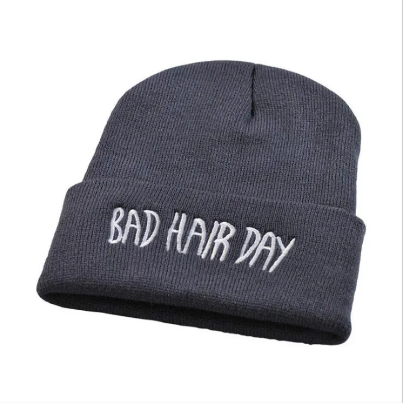 Женская вязаная шапка с вышивкой BAD HAIR DAY уличная в стиле хип хоп Мужская Шапка