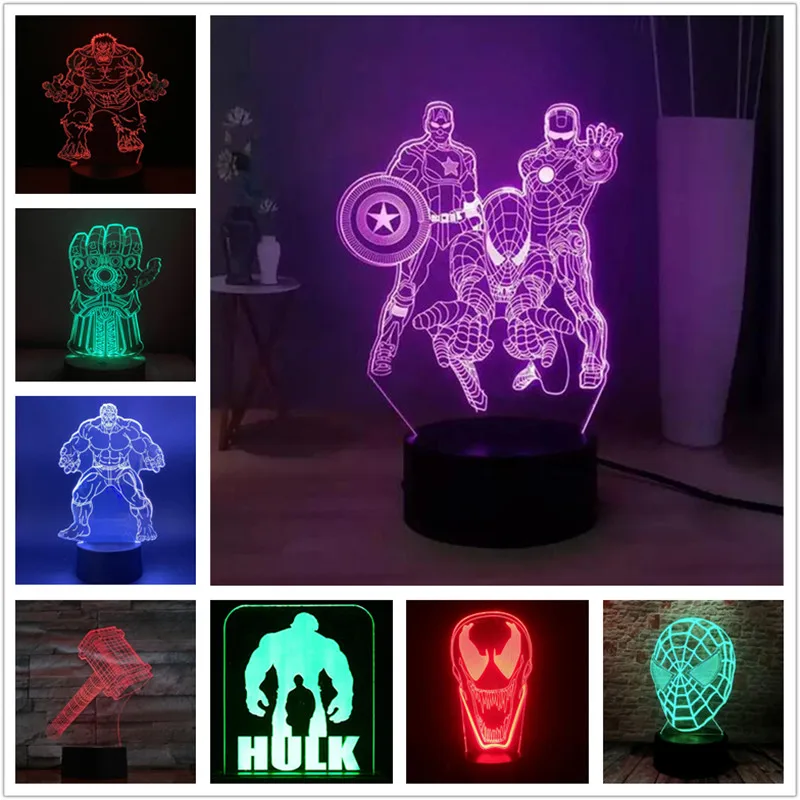 

Marvel 3D Lamp The Avengers LED Night Light Movie Lampara Iron Man Spiderman Venom Hulk Thor Thanos Decoration Lights Home Decor