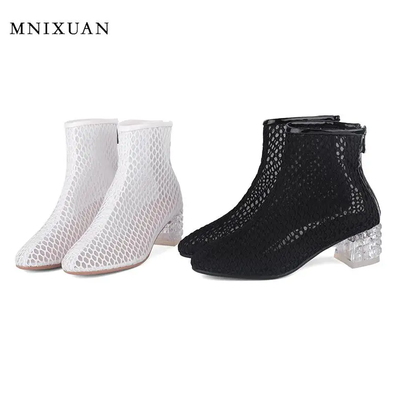 

MNIXUAN women gladiator sandals ladies knee high Festival Boots 2020 spring new mesh transparent crystal shoes white big size 46