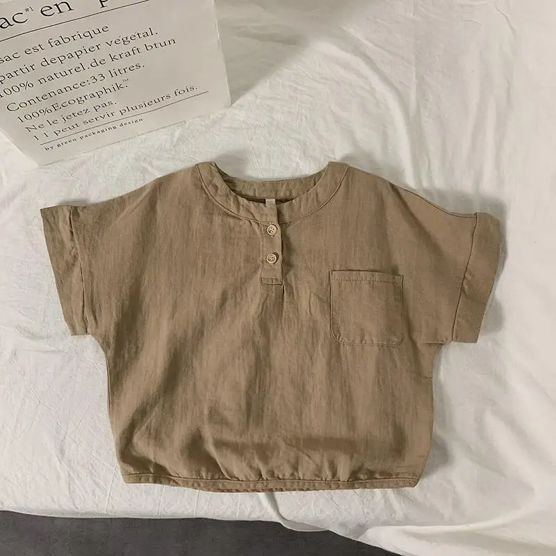 

Art children's shirt summer cotton and linen Korean boy short-sleeved shirt girl loose western style baby top P4719