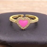 ins hot sale shiny candy colors zircon dripping oil enamel heart love rings sparkling crystal open adjustable ring party jewelry