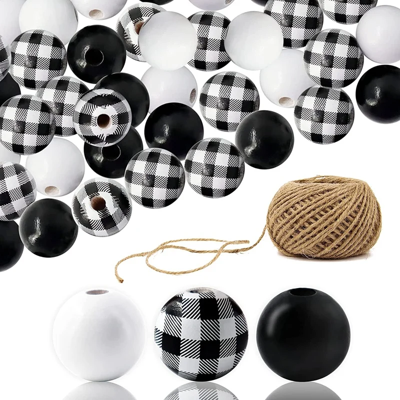 

240Pcs Black White Plaid Wooden Beads Farmhouse Buffalo Checked Print Wood Beads Colored Natural Beads With Hemp Rope
