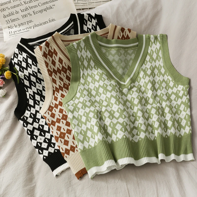 

Korea Retro Women Plaid Knitted Vest Ladies Short V-neck Knitted Pullovers Tops Office Ladies Solid Vintage Slim Knitwear Autumn