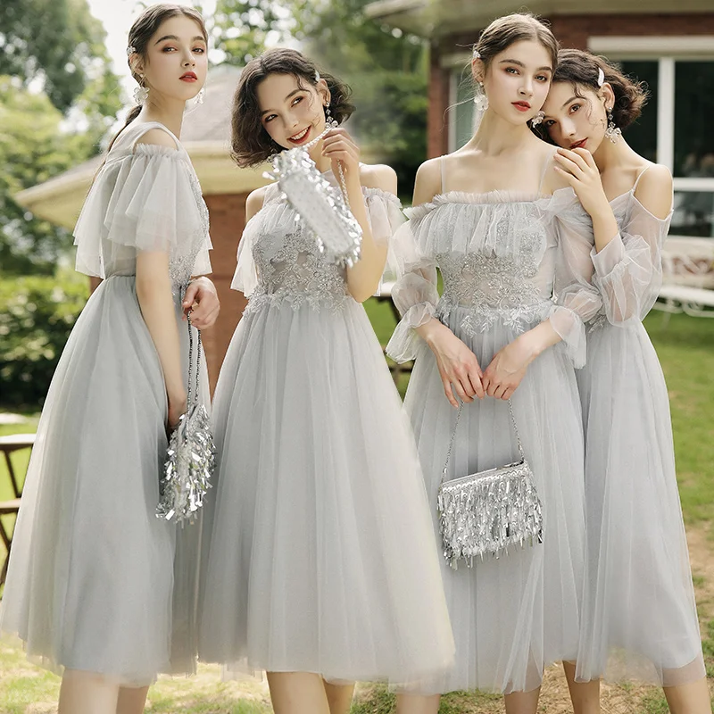

Bridesmaids Dresses Illusion Strapless Embroidery Sequined Knee-Length Lace Tulle Spaghetti Straps Women Wedding Party Gown E213