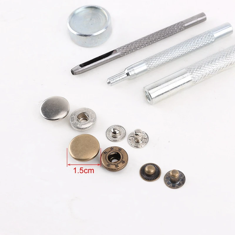Металлические кнопки + набор инструментов для кожи 25 шт серебро бронза 15