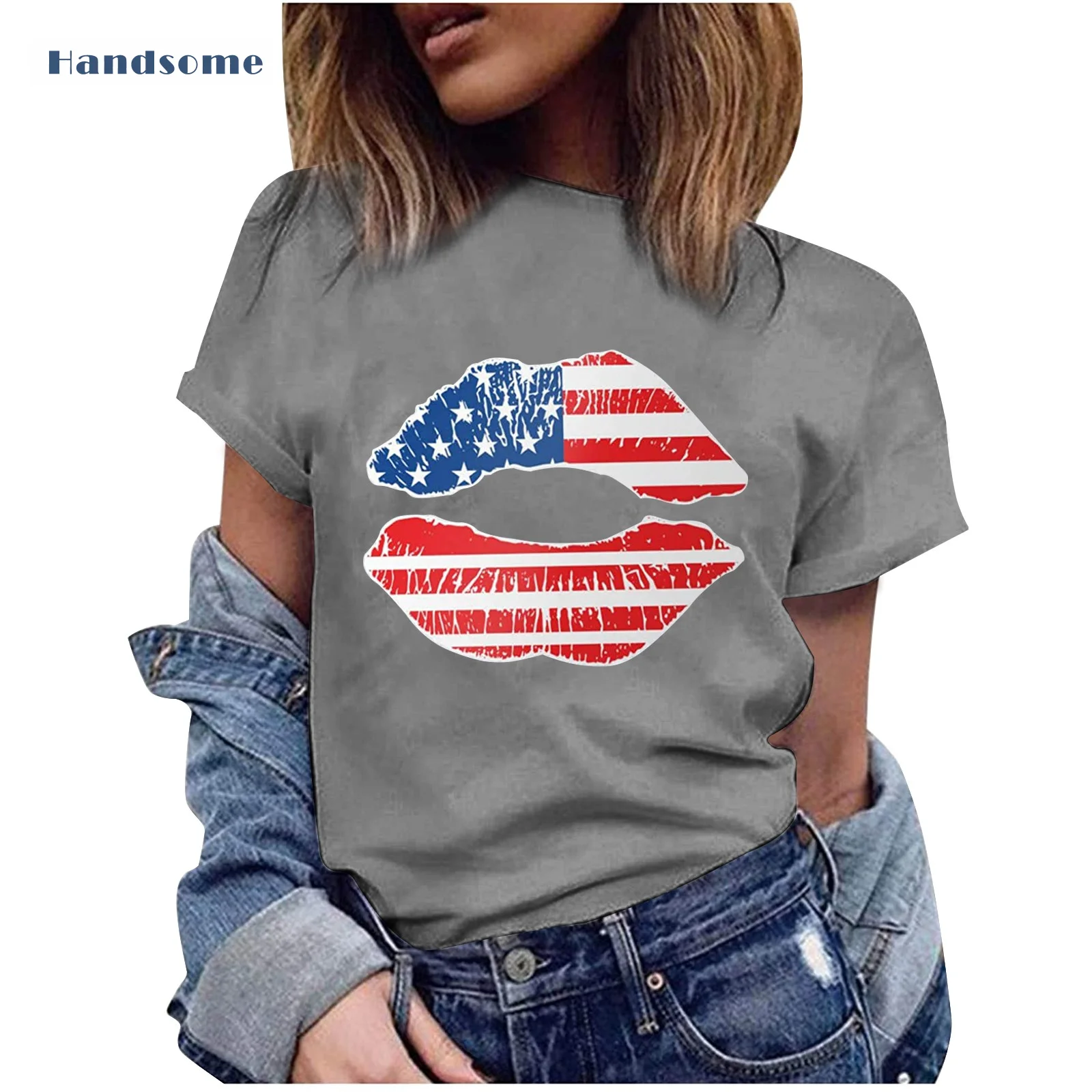 

2021 Summer T-shirts Womens Independerce Day Loose Tops Female Fashion O-neck Short Sleeve Lip Print Tops Tee Shirts #4
