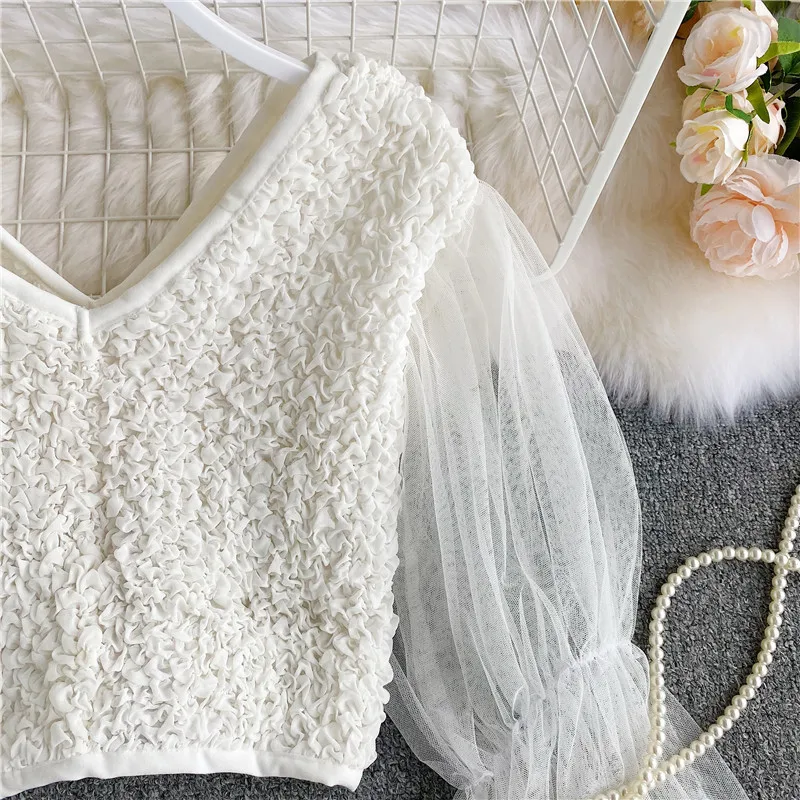

2021 Mesh Womens White Blouse Shirt Elegant Casual Puff Long Sleeve V Neck Top for Female Korean Street Wind Clothing Vintage