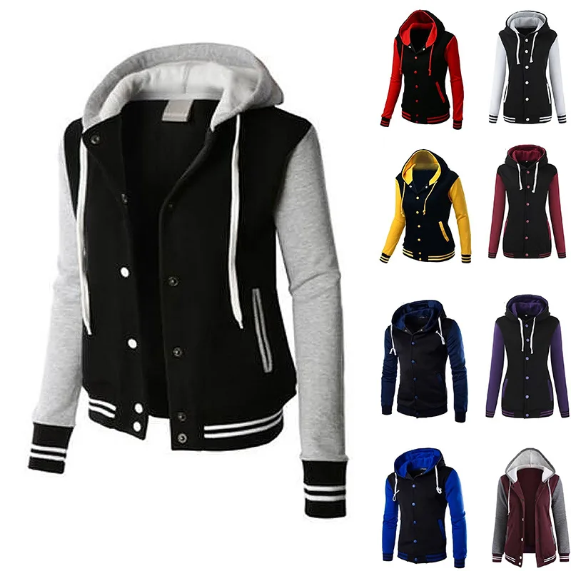 

New products in autumn and winter women's stitching hood baseball shirt jacket Slim single-breasted button sports sweater