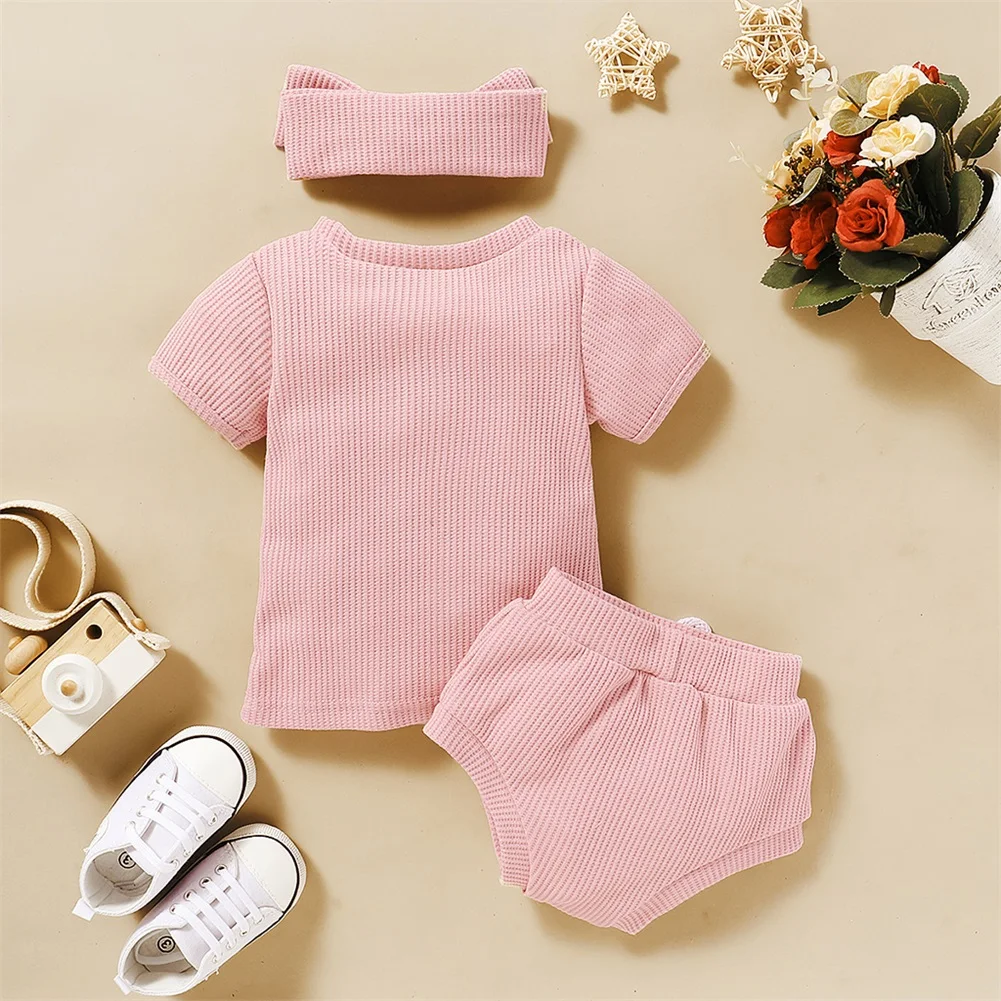 

Summer Fashion Toddler Newborn Baby Girl Top Knitted T Shirt + Shorts Pants 3PCS Outfit Clothes Set