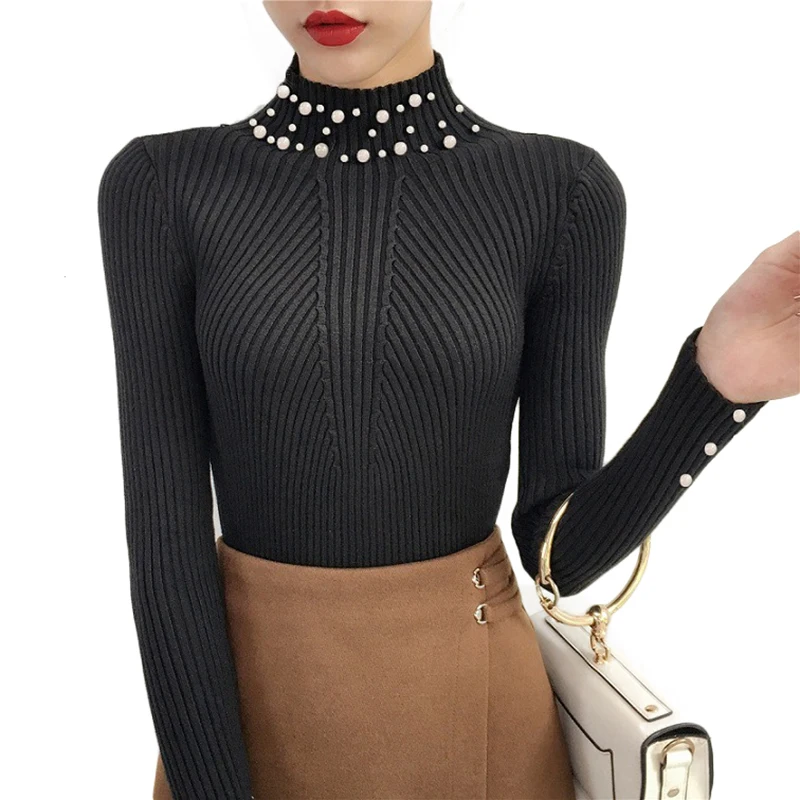 Осенне-зимний женский Повседневный свитер с жемчужинами и бусинами тонкий