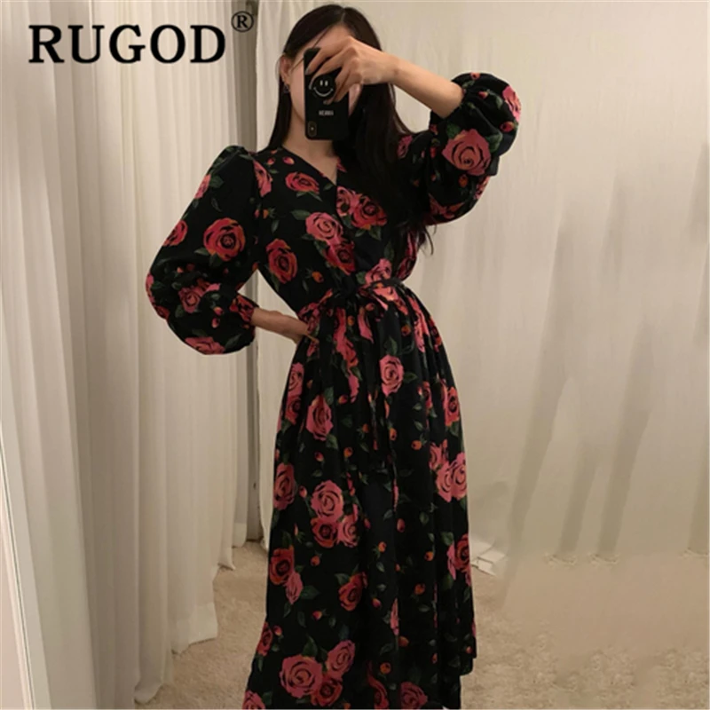 Женское платье с цветочным принтом RUGOD длинное винтажное однобортное на шнуровке