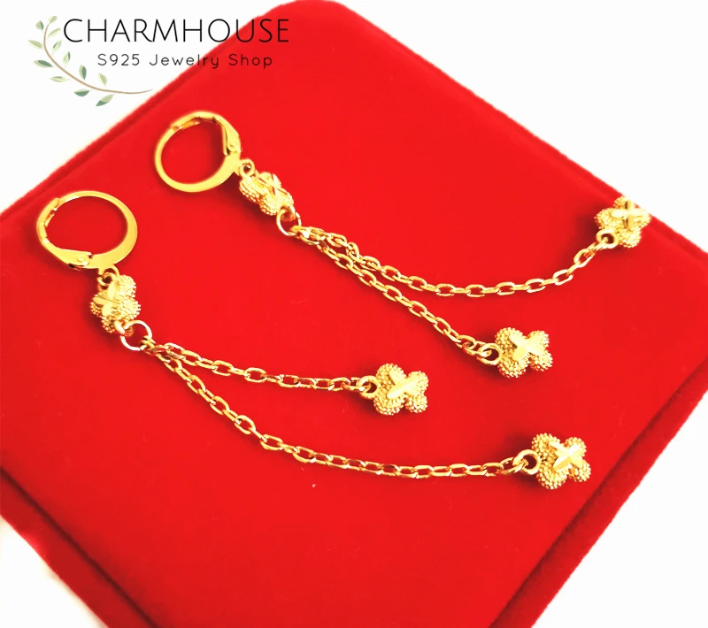 Серьги-кисточки женские золотые, 24 карата, с длинными цветами