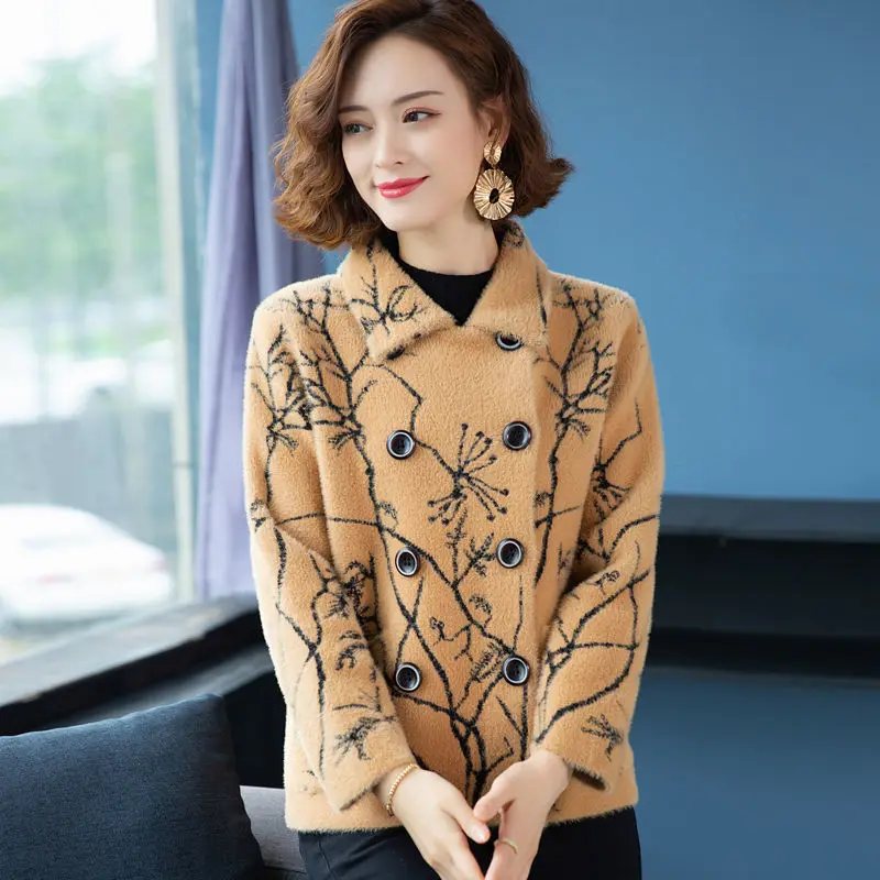 

2021 Autumn Winter Women Casual Knitted Sweater Lady Loose Imitation Mink Velvet Cardigan Female Print Long Sleeve Cardigan R265