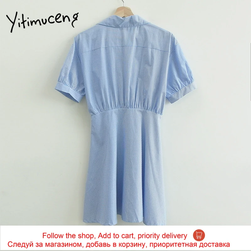 

Yitimuceng Shirt Dresses for Women Plus Size Striped Mini Dress High Waist Lace Up Blue Sundress 2021 Summer Korean Fashion New