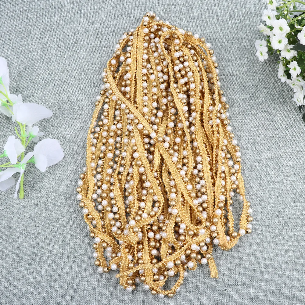 

DIY Clothing Accessories Single Row 6MM Pearl Lace Ribbon Fabric Lace for Dress Sarees Blouses Caps Bags Decorations (Golden, 10