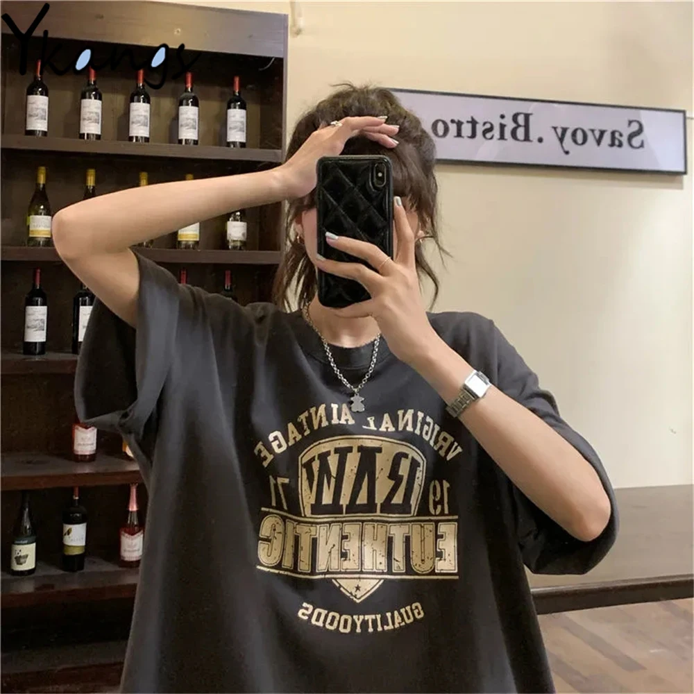 

Letter Print Vintage Short Sleeve Oversized T Shirt Harajuku Retro Summer Korean Women Tees 2021 Boyfriend Graphic Ulzzang Top