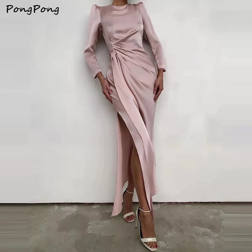 

Simple A Line Satin Evening Party Dress Long Sleeves O-Neck Modest Prom Gowns Ankle Length Side Slit Party Dresses 2021