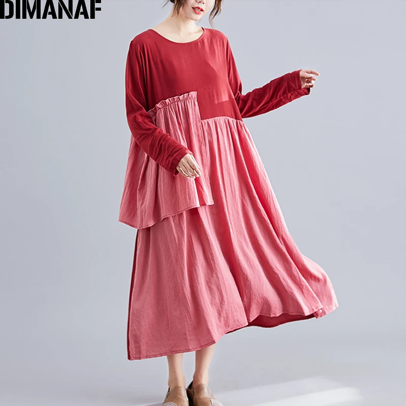 YI96953CN-hong DIMANAF, женское платье, винтажное, размера плюс, осень, Vestidos, хлопок, лен, пэчворк, в полоску, женское, Elegnat, женское платье с длинным рукавом - Цвет: YI96953CN-hong