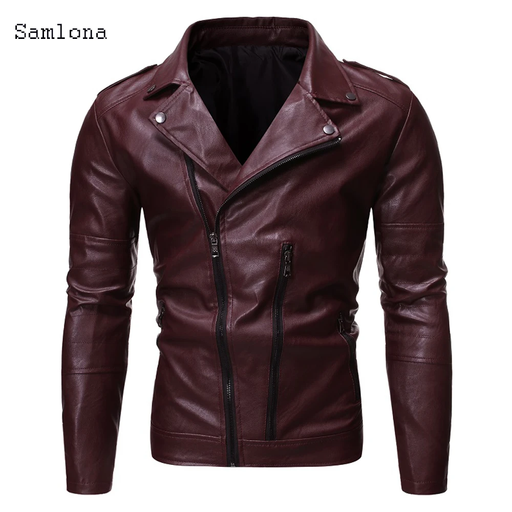 

Модная мужская однотонная куртка из искусственной кожи, новинка 2023, весна-осень, облегающая Мужская мотоциклетная куртка из искусственной кожи с косой молнией и отворотом