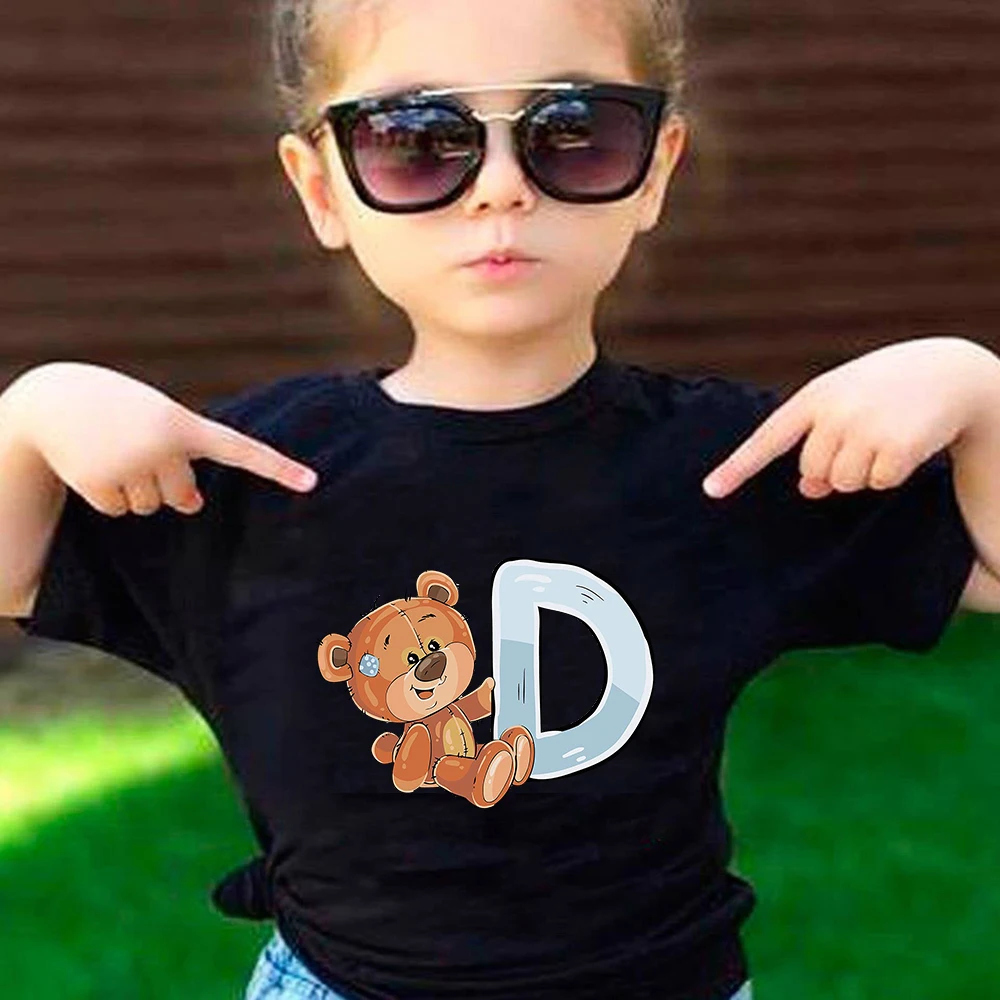 

Toddler Tee Cute Bear Letter Name Print Baby Clothes Black Girls Top Streetwear All-match Kids T Shirt Oversized Urban Leisure