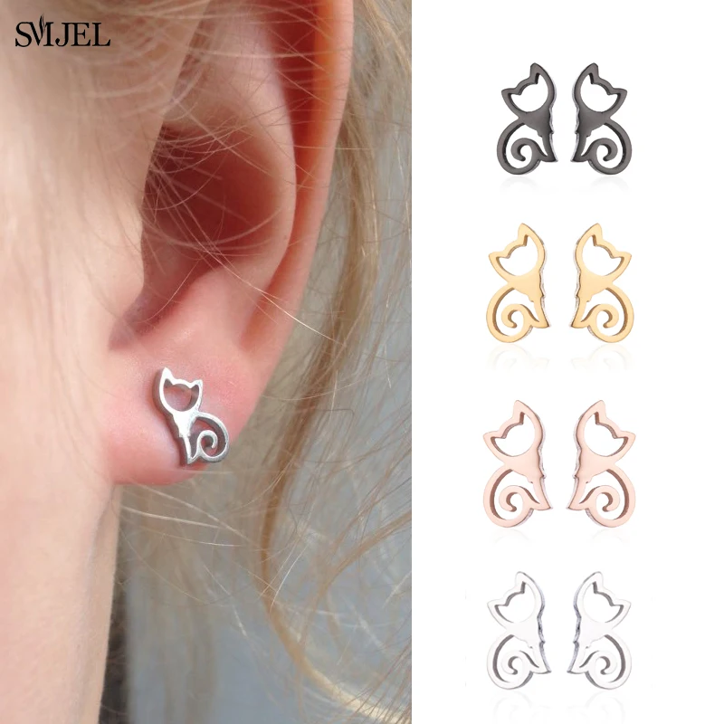 

Женские и женские серьги-пусеты SMJEL, корейские серьги из нержавеющей стали с маленьким котенком и котом, рождественский подарок для детей