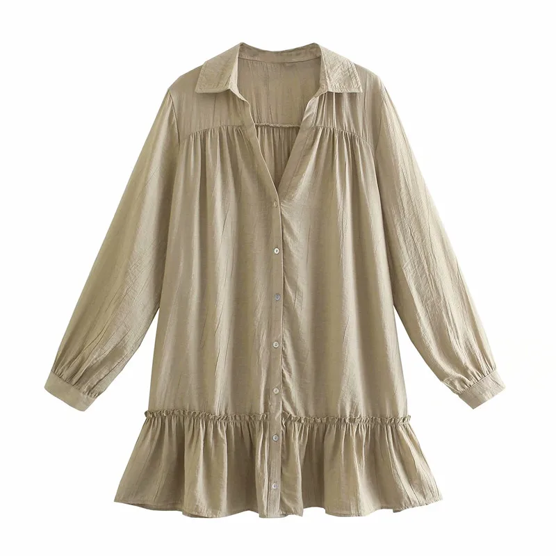 

Женское свободное мини-платье с рюшами Za, винтажное платье с длинным рукавом и воланом на пуговицах, лето 2021