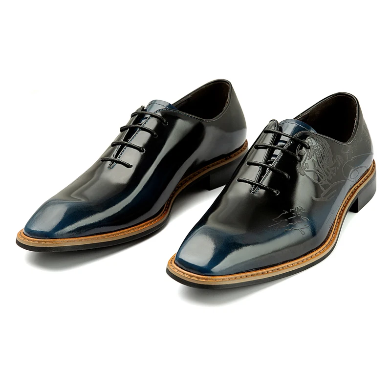 

PJCMG New Black/Blue Oxfords Formal Mens Dress Lace-Up Carved Style Pointed Toe Genuine Leather Business Man Wedding Shoes