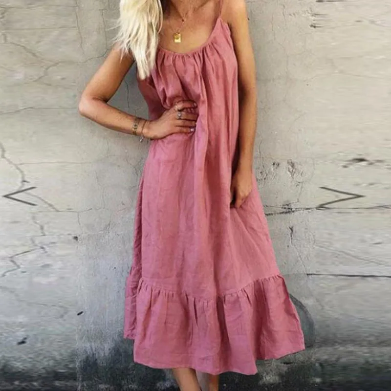 

Women Solid Spaghetti Strap Casual Dress Summer Loose Round Neck Sleeveless Dress New Elegant Lady Off Shoulder Holiday Dress